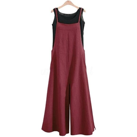Women Loose Long Bib Pants Wide Leg Jumpsuits Red - Picture 3 of 5